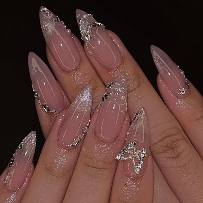 SEENEEY Medium Press on Nails Almond Fake Nails Ombre French Tip Artificial Nail Cute with Butterfly Designs Stick on Nail for Women 24pcs - Image 1
